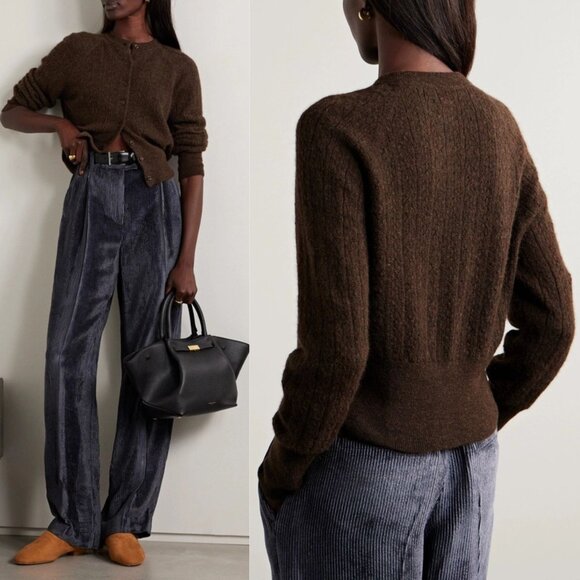 Doen Sweaters - Doen Eileen Brown Alpaca Blend Button Front Cable Knit Cardigan in Dark Cacao